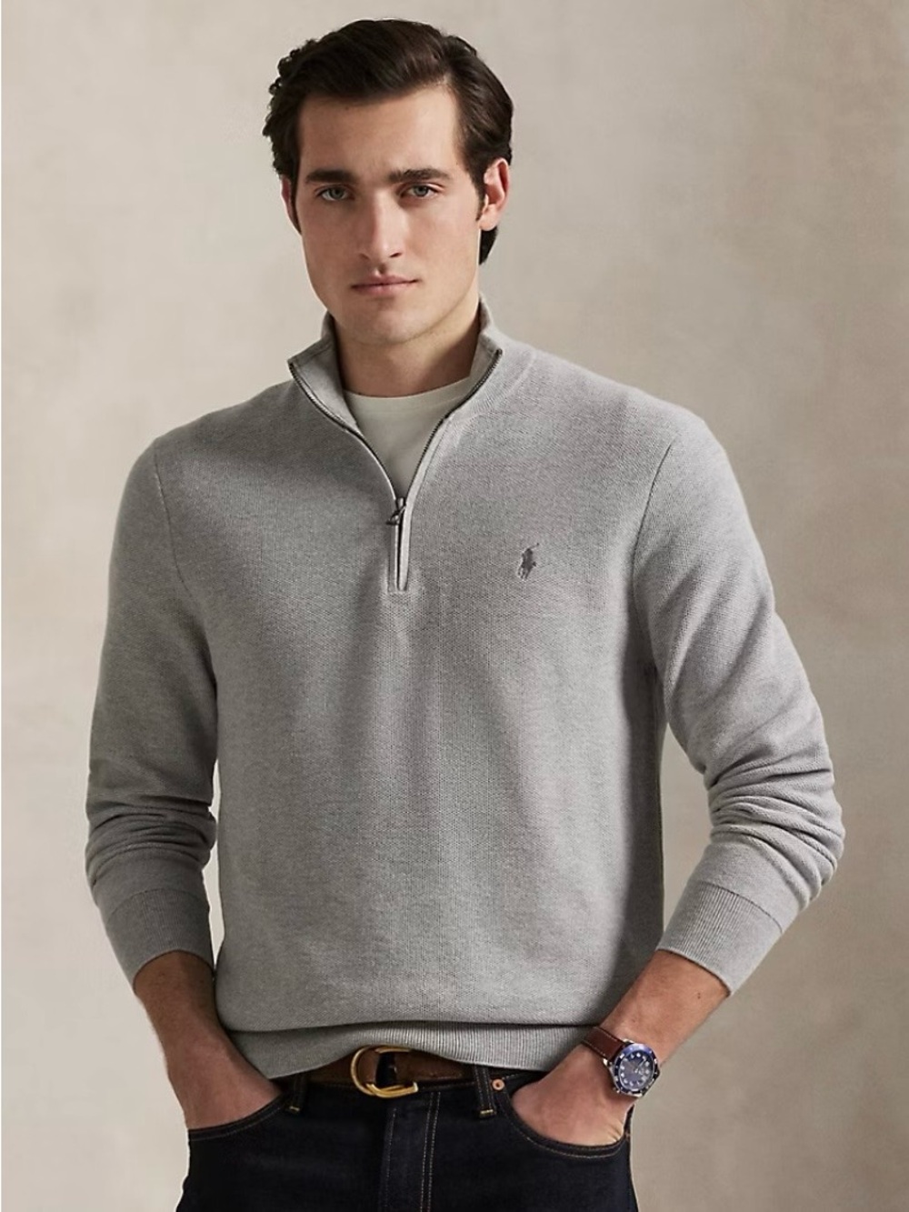 Polo Ralph Lauren Mesh-Knit Cotton Sweater Quarter-Zip size Large
